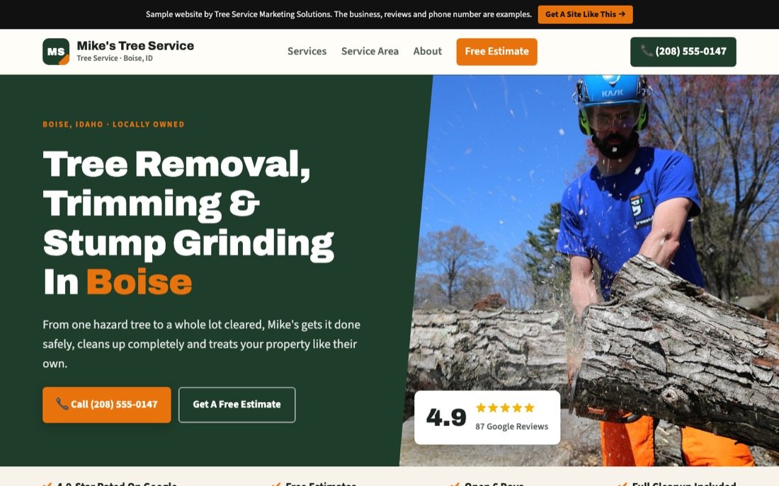 Mike's Tree Service sample website on a laptop