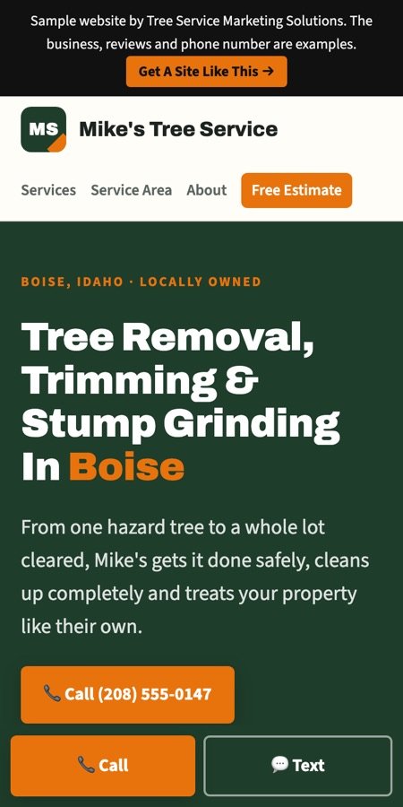 Mike's Tree Service sample website on a phone
