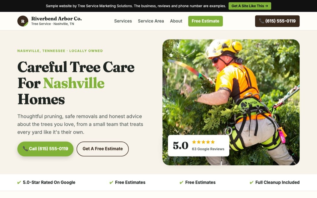 Riverbend Arbor Co. sample website on a laptop