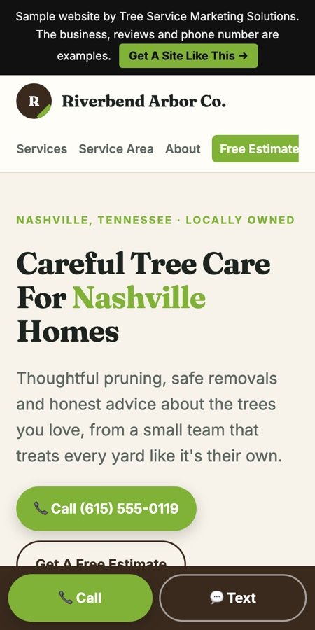 Riverbend Arbor Co. sample website on a phone