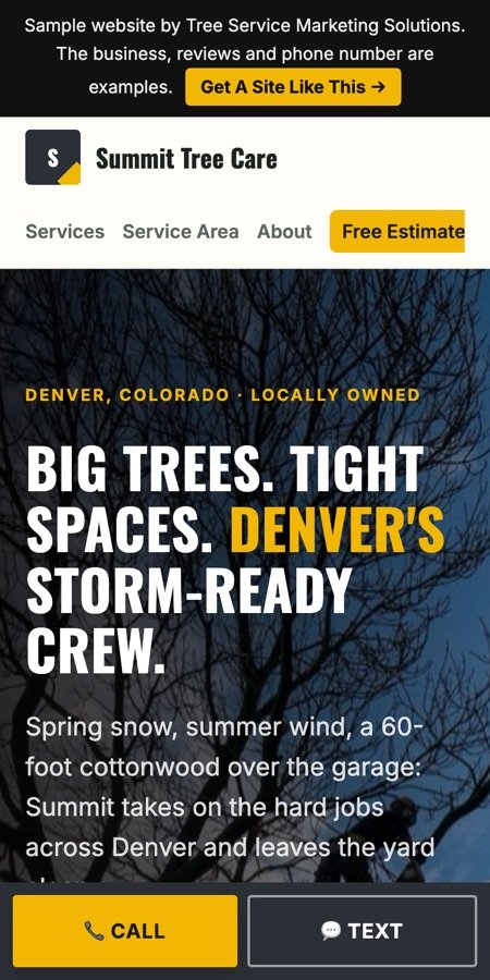 Summit Tree Care sample website on a phone